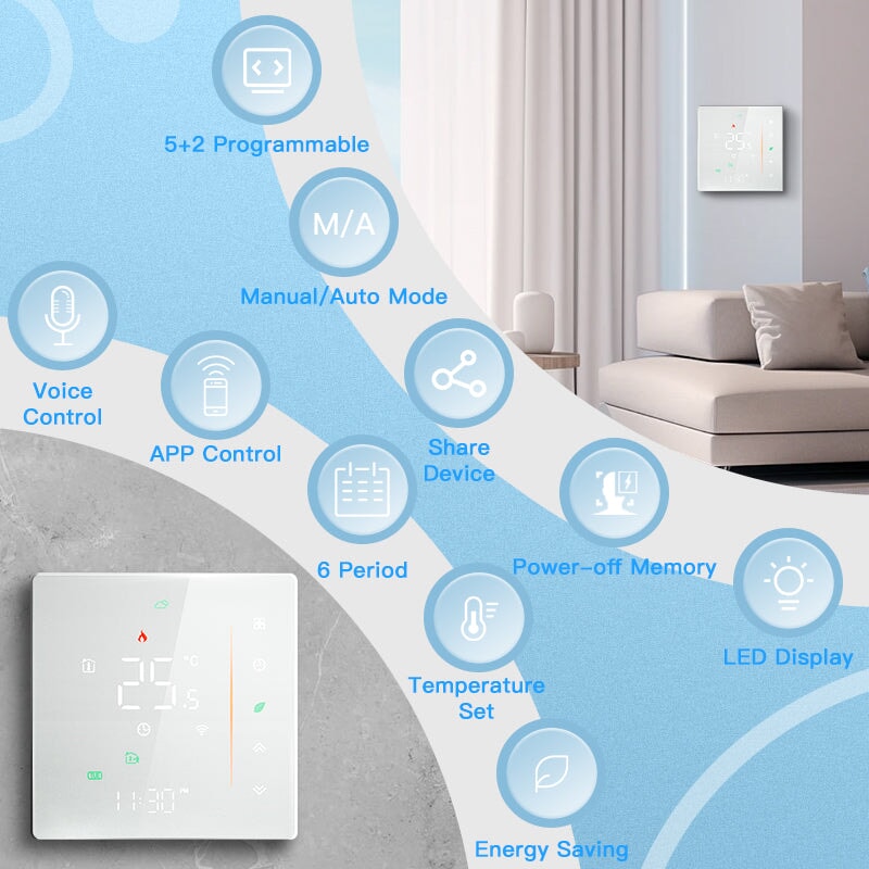 BSEED Wifi-s érintős padlófűtés-termosztát beépített LED kijelzővel, háttérvilágítással 2