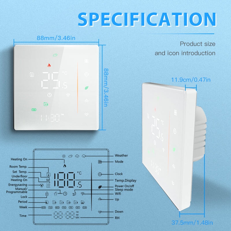 BSEED Wifi-s érintős padlófűtés-termosztát beépített LED kijelzővel, háttérvilágítással 8