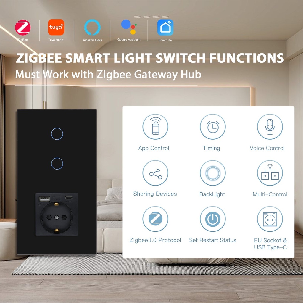 BSEED Zigbee-s érintős villanykapcsoló EU konnektorral, USB és USB-C töltővel 1