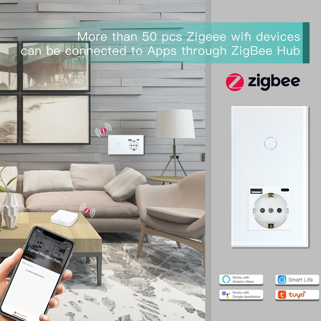 BSEED Zigbee-s érintős villanykapcsoló EU konnektorral, USB és USB-C töltővel 2