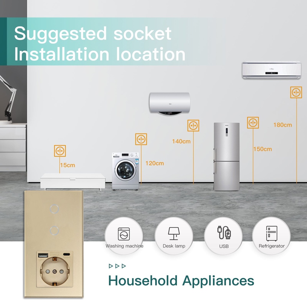 BSEED Zigbee-s érintős villanykapcsoló EU konnektorral, USB és USB-C töltővel 3