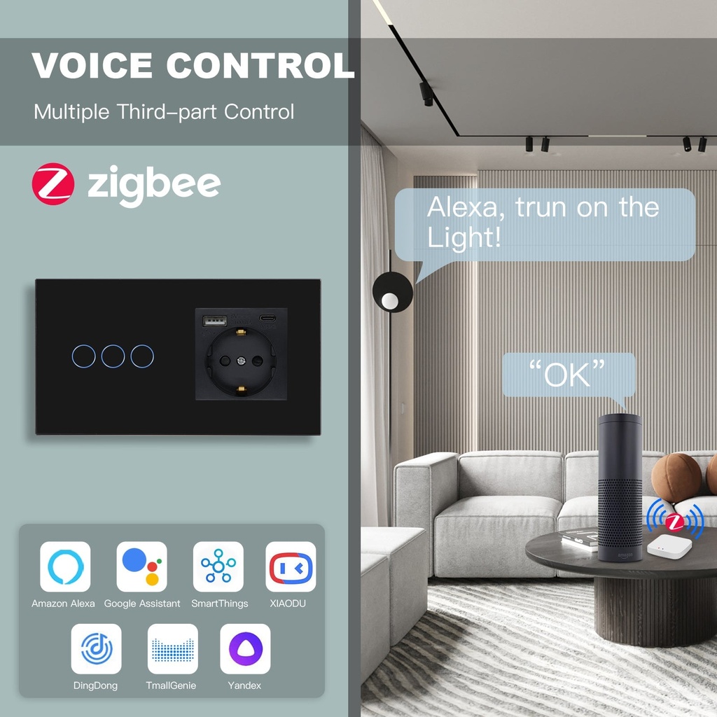 BSEED Zigbee-s érintős villanykapcsoló EU konnektorral, USB és USB-C töltővel 4