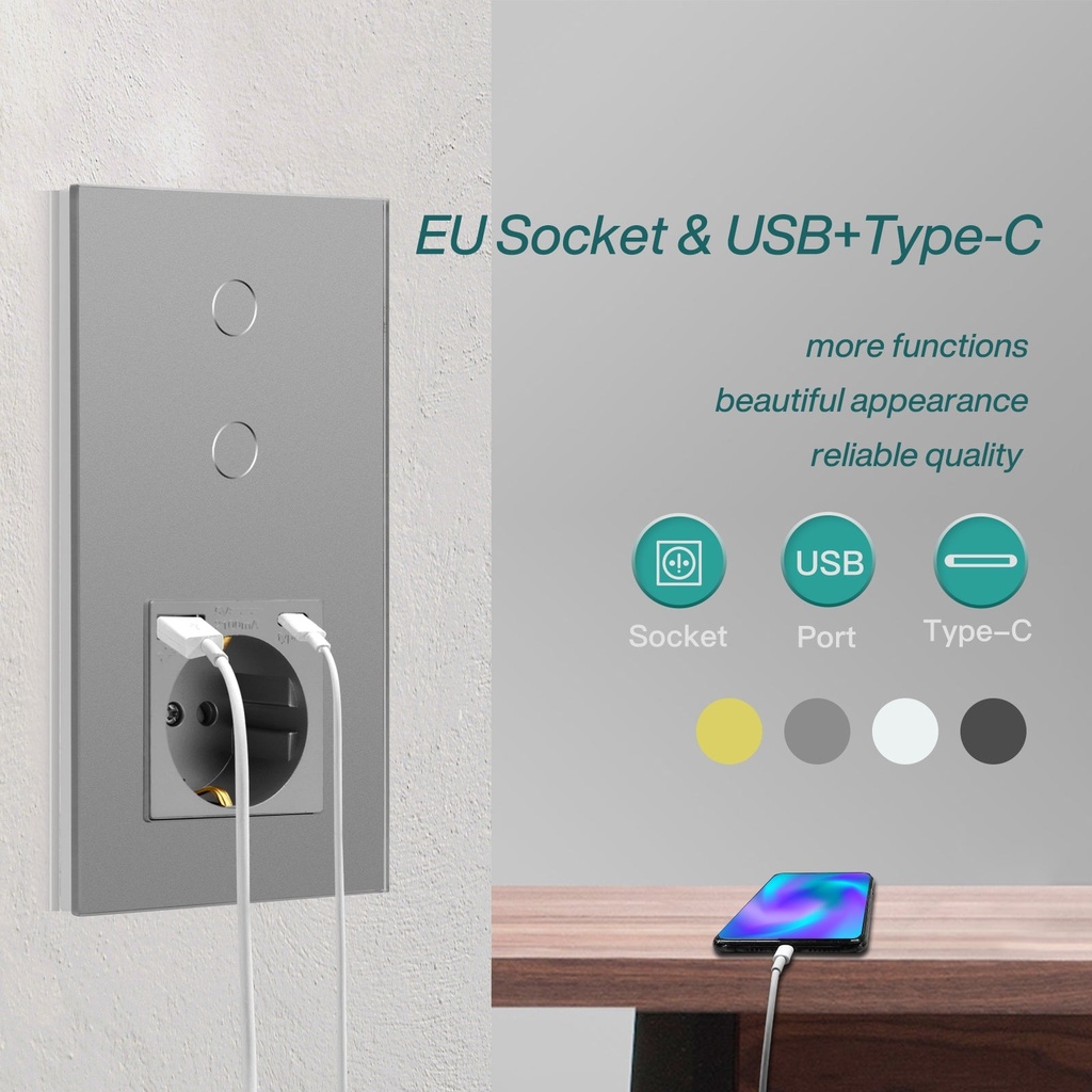 BSEED Zigbee-s érintős villanykapcsoló EU konnektorral, USB és USB-C töltővel 6