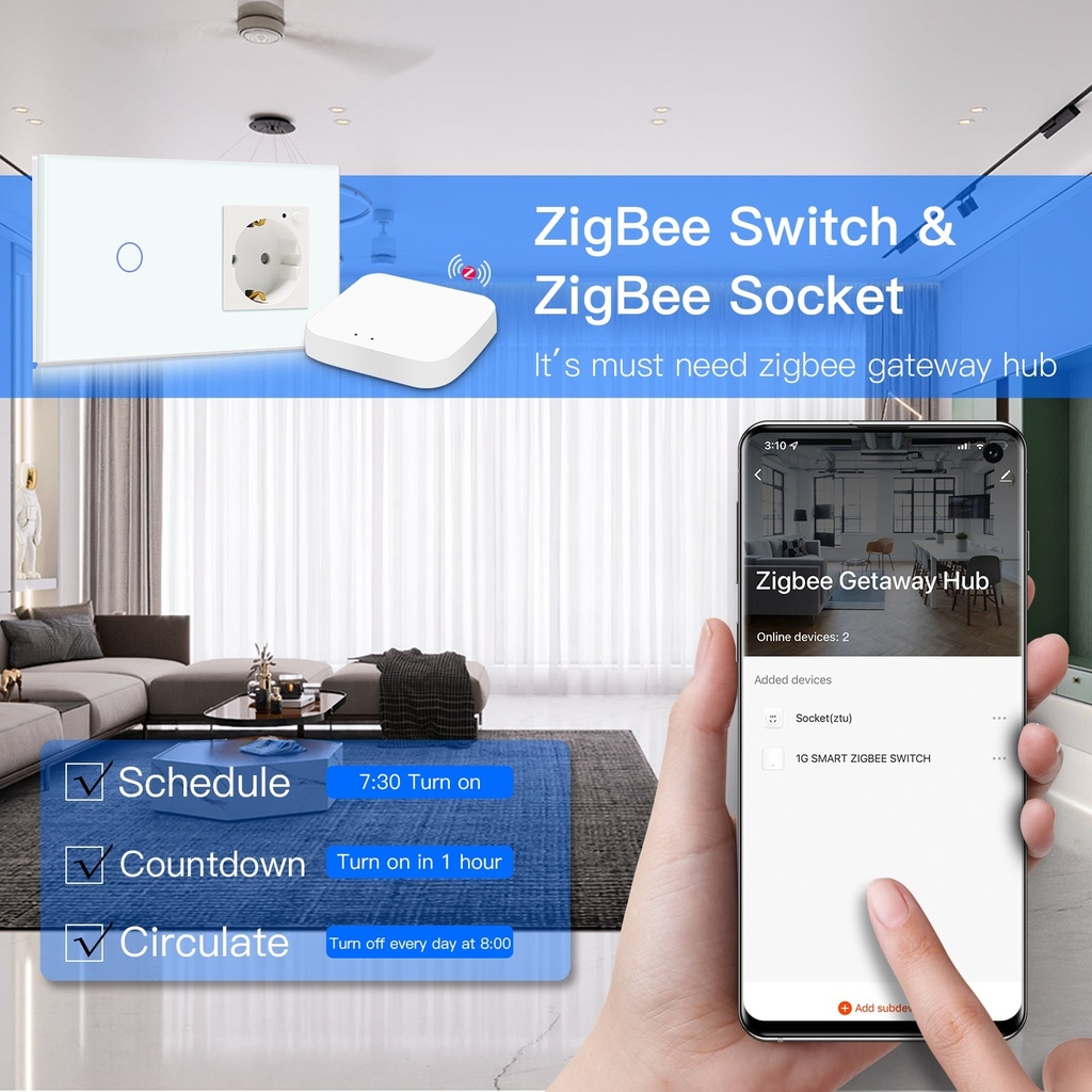 BSEED Zigbee-s villanykapcsoló Zigbee-s EU konnektorral, üveg előlap 8