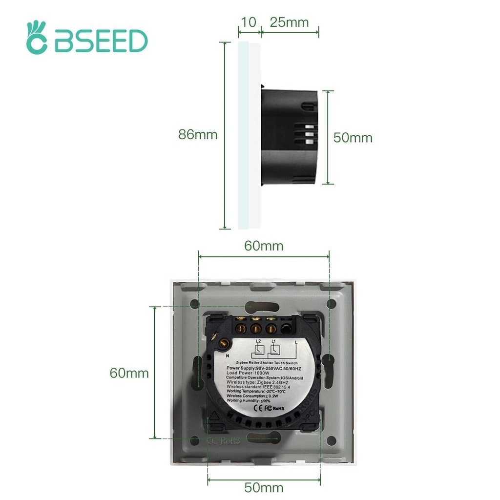BSEED Zigbee dupla érintős redőnykapcsoló, 157 mm-es üveg előlap 7