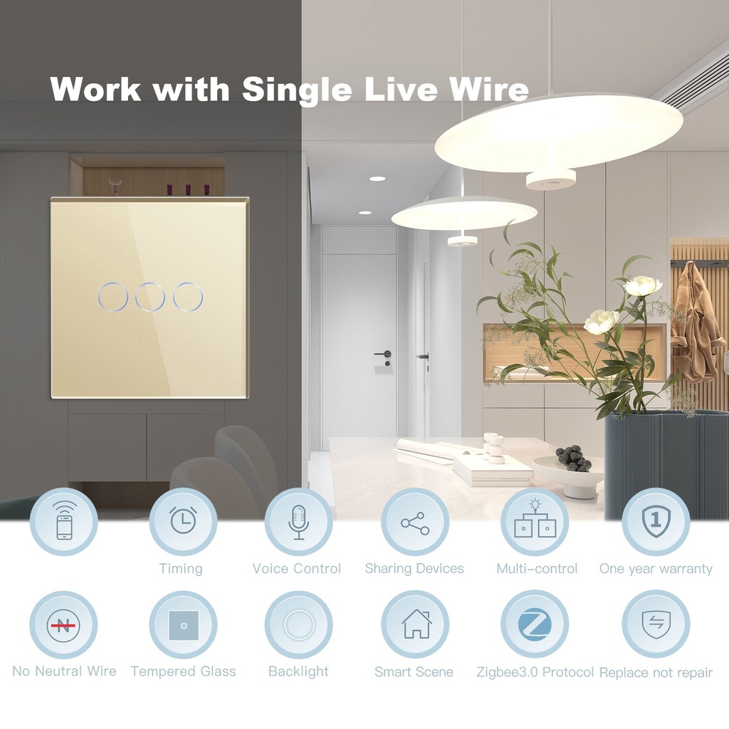 BSEED Zigbee-s okos villanykapcsoló (nullvezeték nélkül), üveg előlap 1