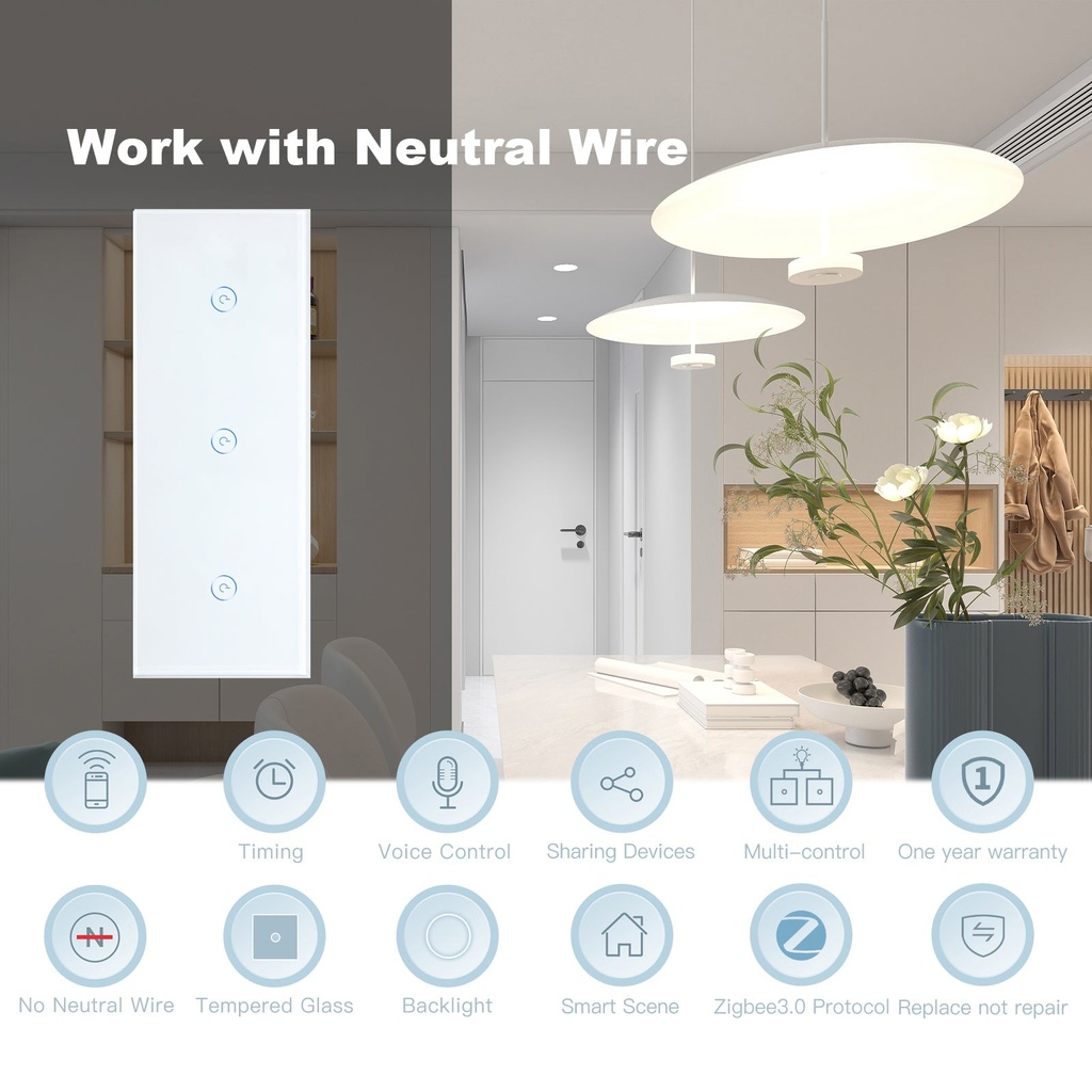 BSEED Zigbee hármas okos villanykapcsoló, 1–3 kapcsolós, 228 mm 1