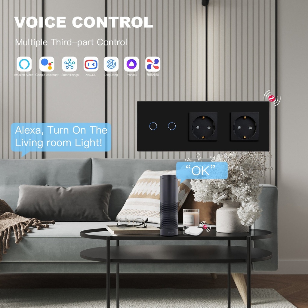 BSEED Zigbee-s érintős villanykapcsoló (nullvezeték nélkül) dupla EU konnektorral 2