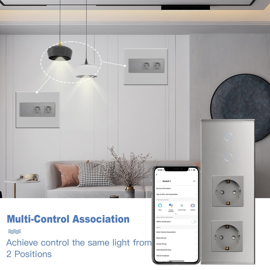 BSEED Zigbee-s érintős villanykapcsoló (nullvezeték nélkül) dupla EU konnektorral 5