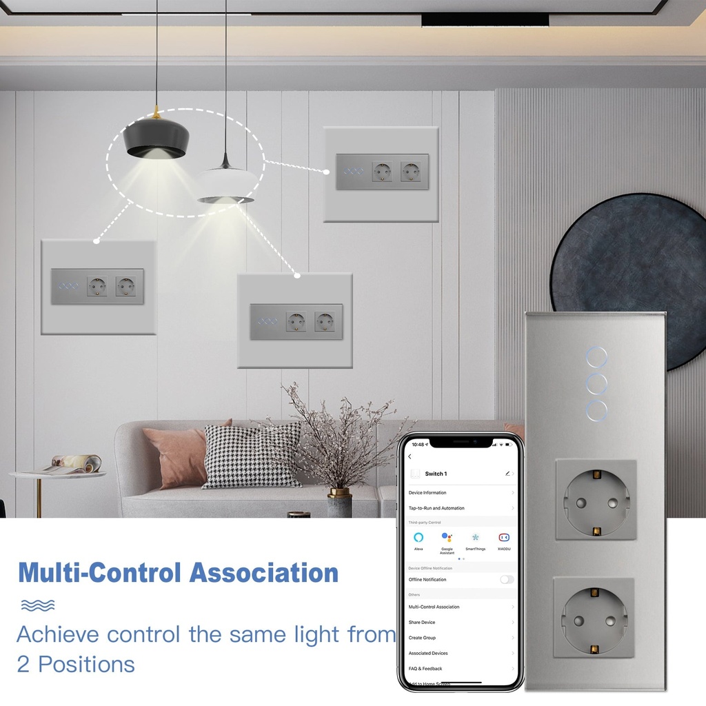BSEED Zigbee-s érintős villanykapcsoló (nullvezeték nélkül) dupla EU konnektorral 6