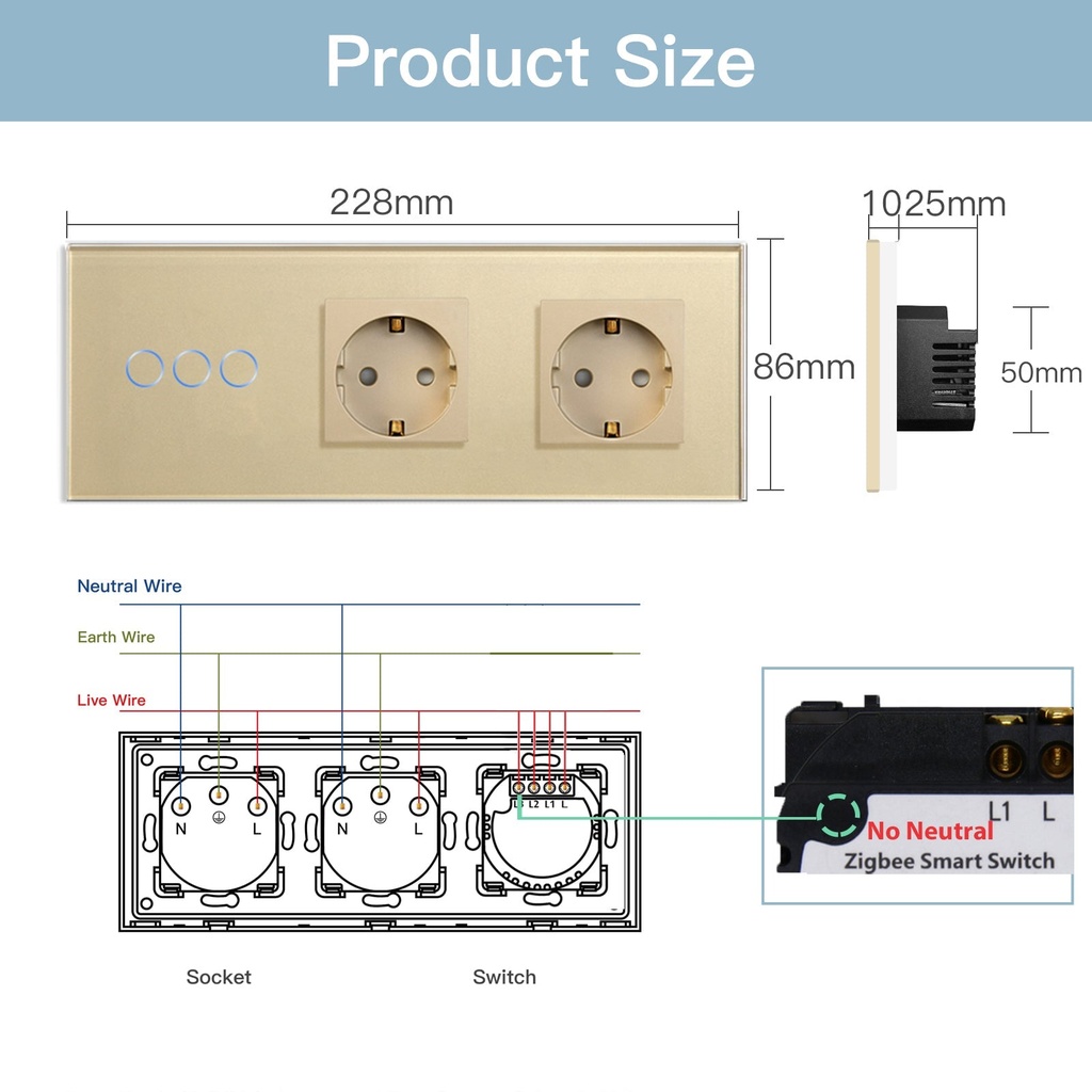 BSEED Zigbee-s érintős villanykapcsoló (nullvezeték nélkül) dupla EU konnektorral 13