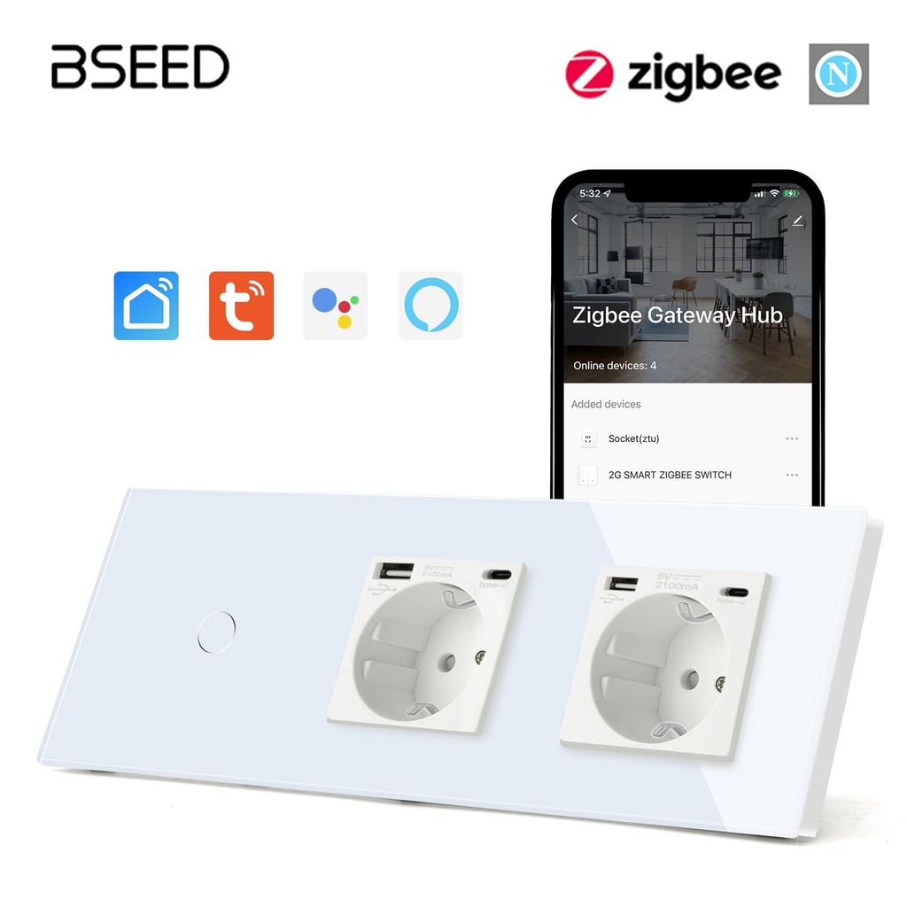 BSEED Zigbee-s érintős villanykapcsoló két hagyományos EU konnektorral, USB-C-vel 1