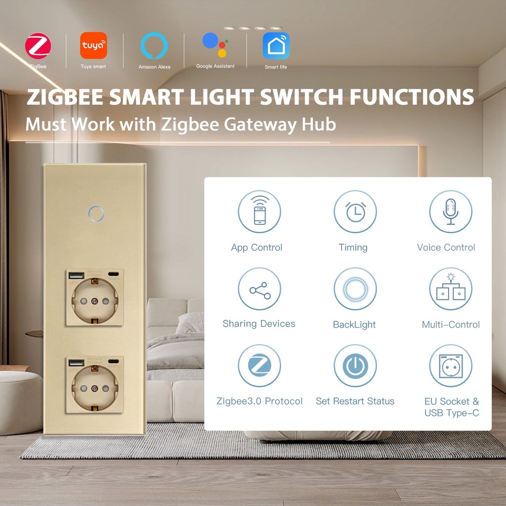 BSEED Zigbee-s érintős villanykapcsoló két hagyományos EU konnektorral, USB-C-vel 2