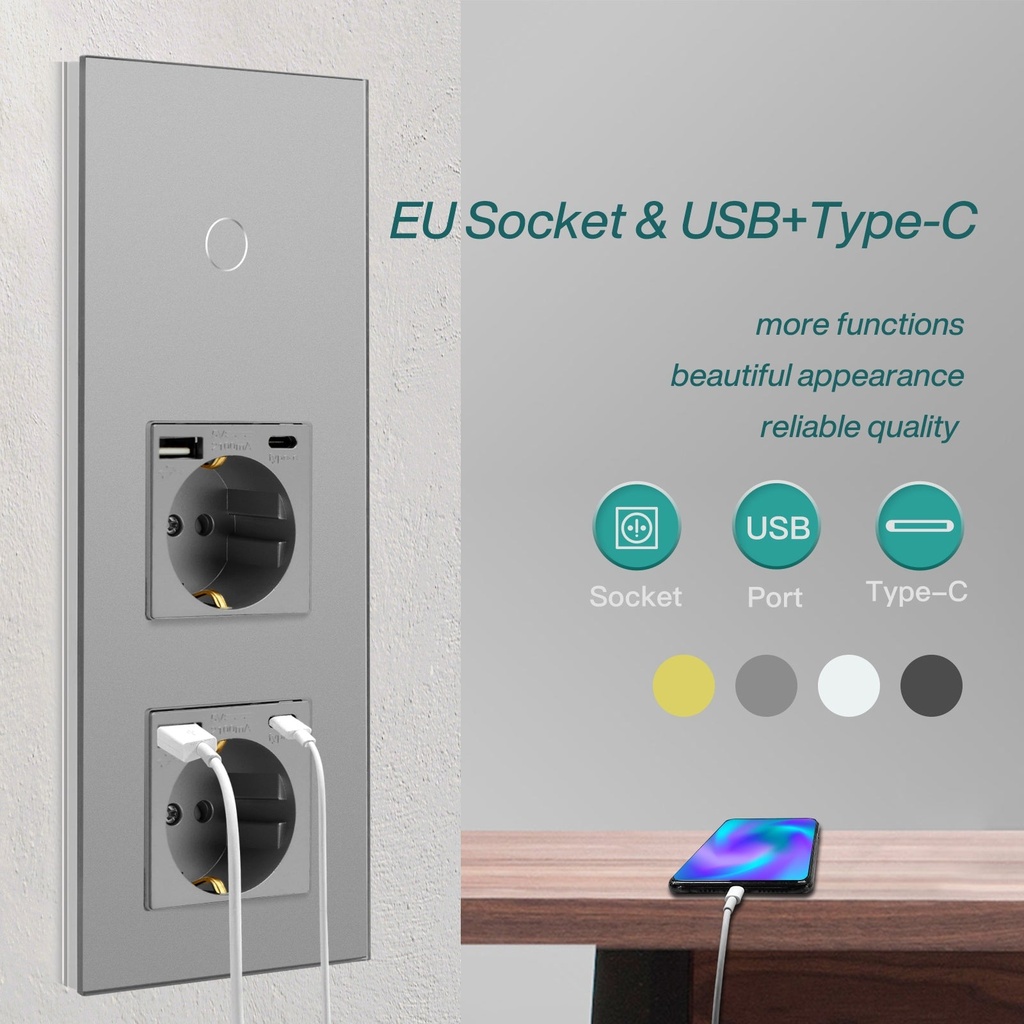 BSEED Zigbee-s érintős villanykapcsoló két hagyományos EU konnektorral, USB-C-vel 5