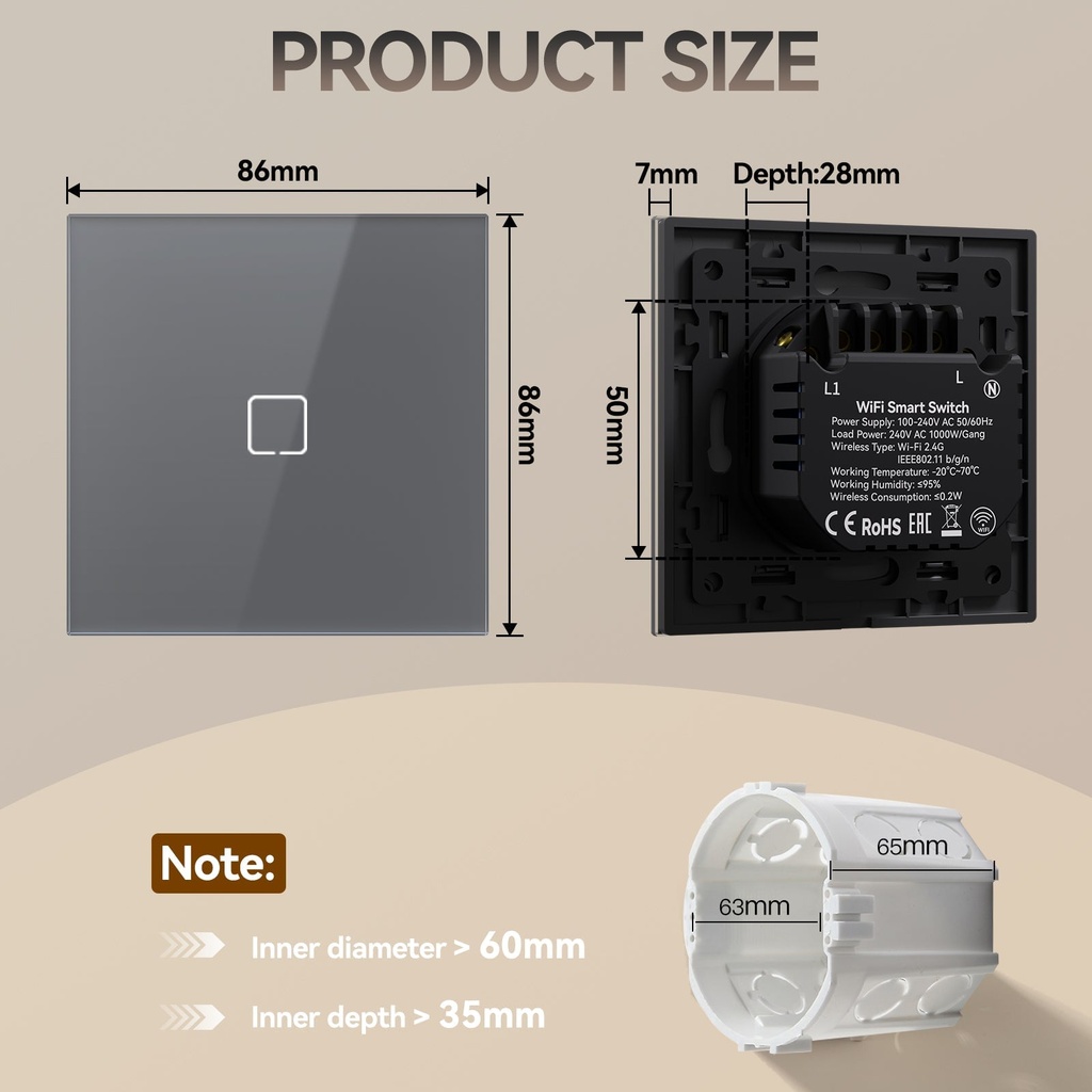 BSEED Echo Zigbee érintős okos villanykapcsoló (nullvezetős), üveg előlap 4