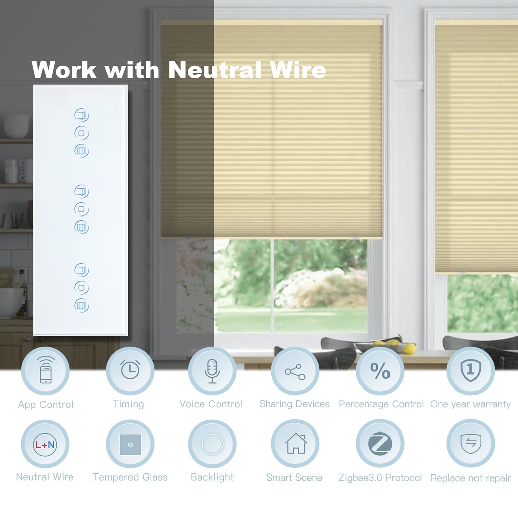 BSEED Zigbee tripla érintős redőnykapcsoló, 228 mm-es üveg előlap 2