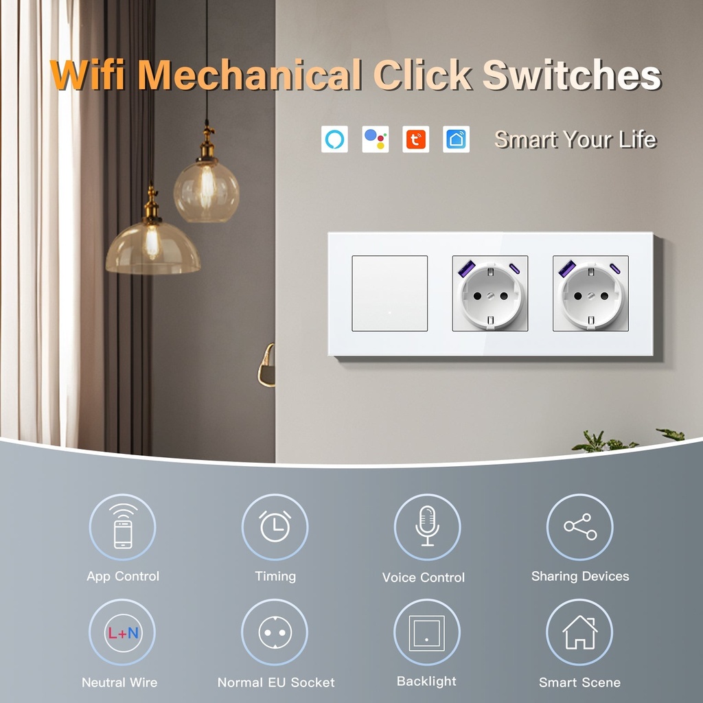 BSEED Echo Wifi-s okos kapcsoló dupla EU konnektorral és 20W USB-C porttal, 228 mm 1