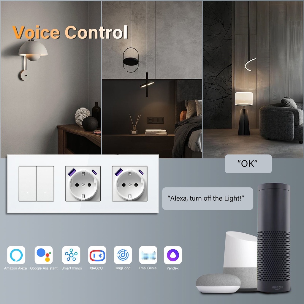 BSEED Echo Wifi-s okos kapcsoló dupla EU konnektorral és 20W USB-C porttal, 228 mm 9