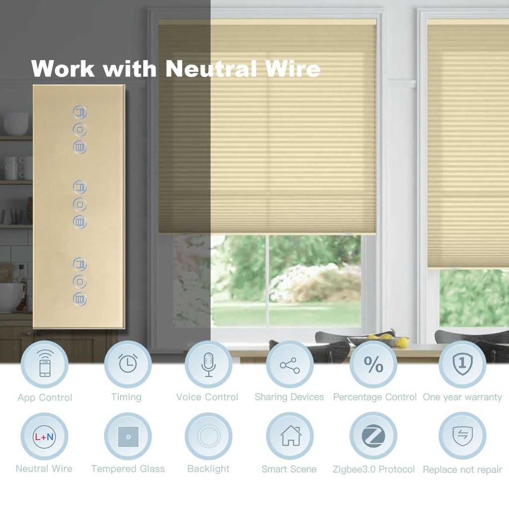 BSEED Zigbee tripla érintős redőnykapcsoló, 228 mm-es üveg előlap 18