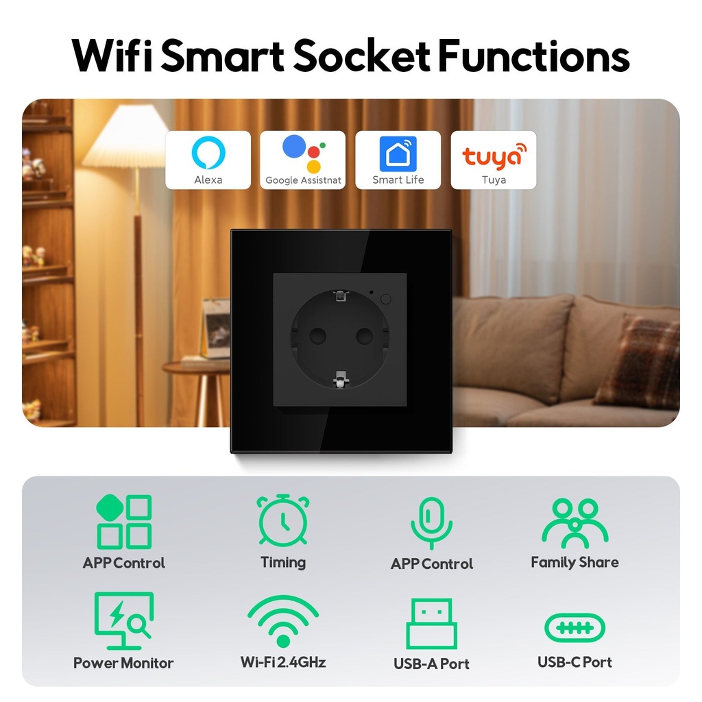 BSEED Wifi-s okos EU konnektor üveg előlappal, Alexa és Google Assistant 5