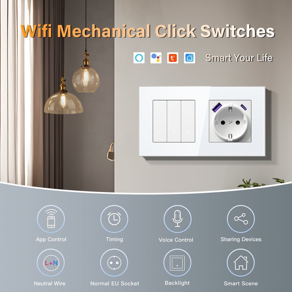 BSEED Echo Wifi-s okos kapcsoló Wifi-s EU konnektorral, fogyasztásméréssel, 20W USB-C, 157 mm 1