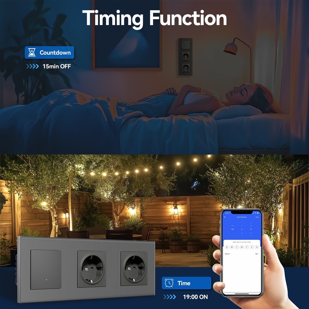 BSEED Echo Wifi-s okos villanykapcsoló dupla EU konnektorral, üveg előlap 4