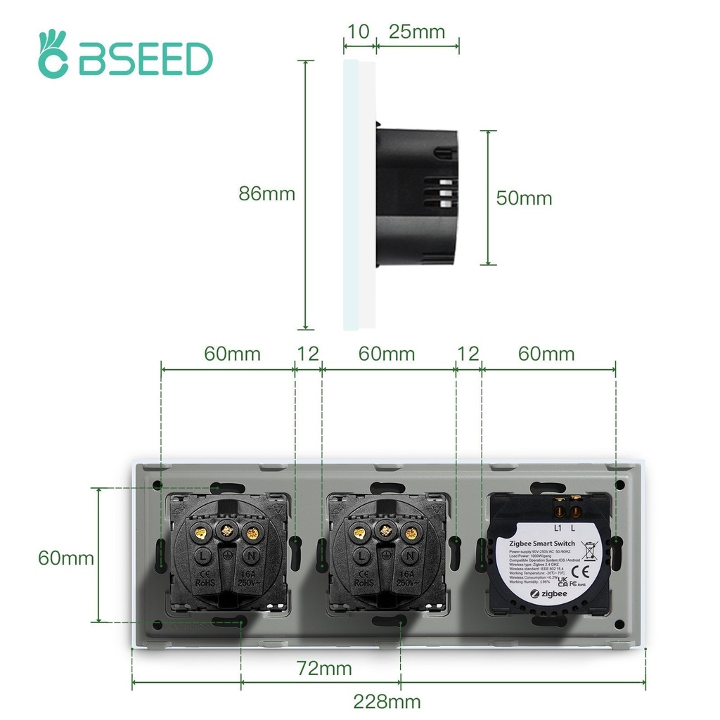 BSEED Wifi-s villanykapcsoló redőnykapcsolóval és EU konnektorral, 228 mm 7
