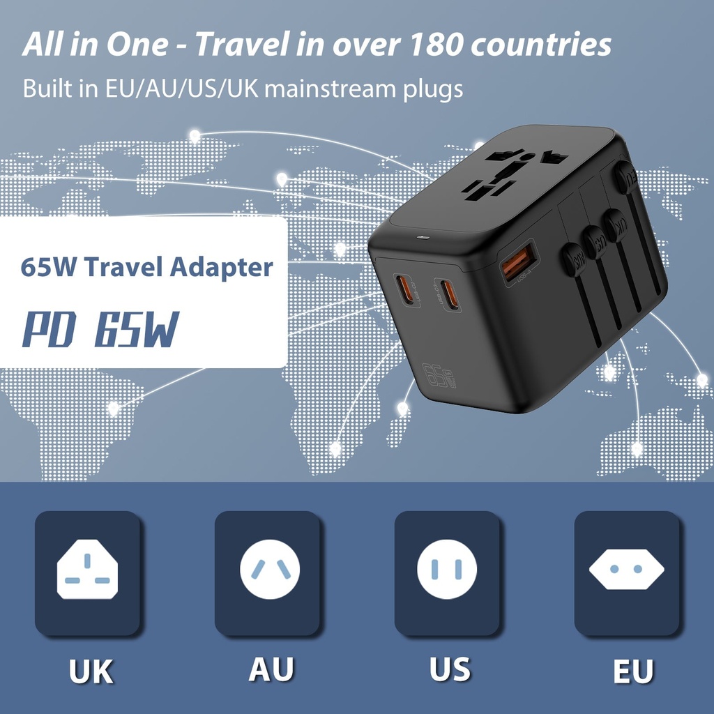 Univerzális utazó adapter 65W USB-C PD és QC 3.0 töltővel, 3 USB porttal 1