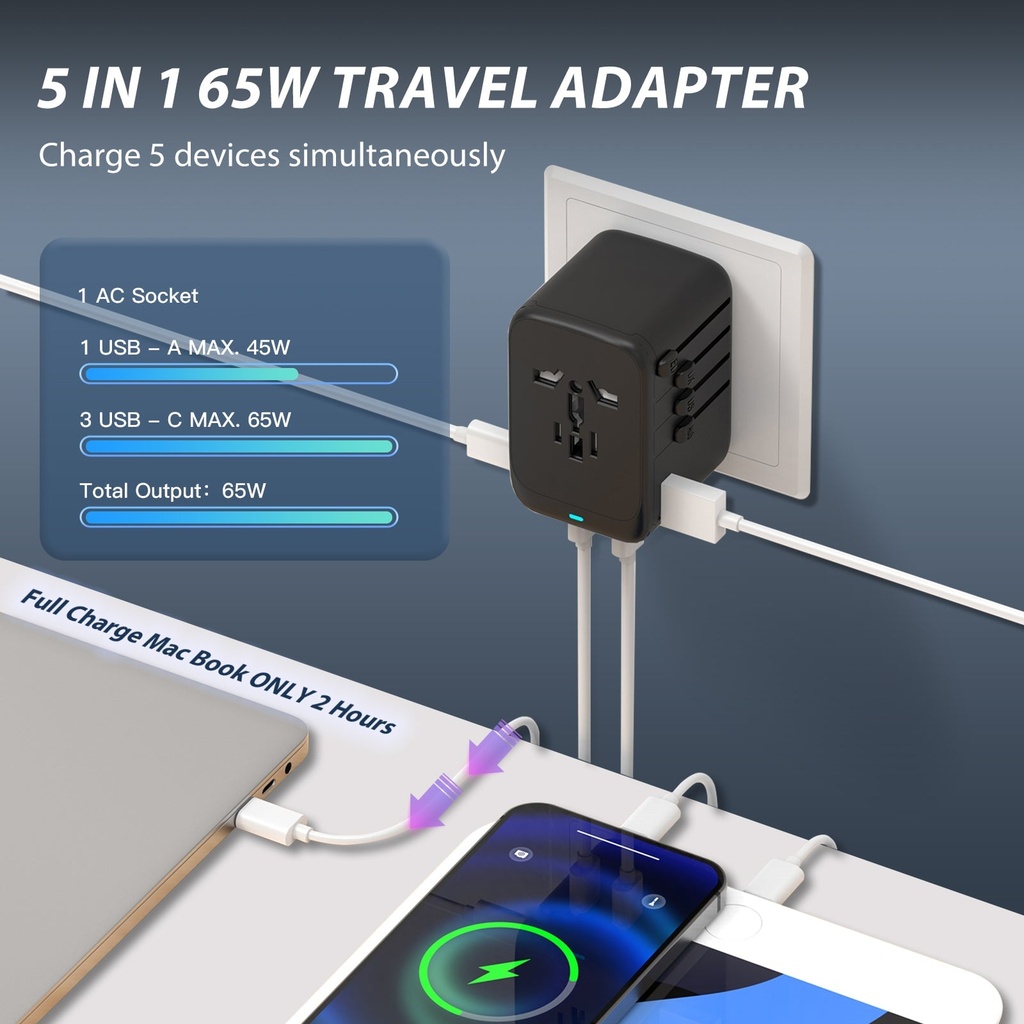 Univerzális utazó adapter 65W USB-C PD és QC 3.0 töltővel, 3 USB porttal 2