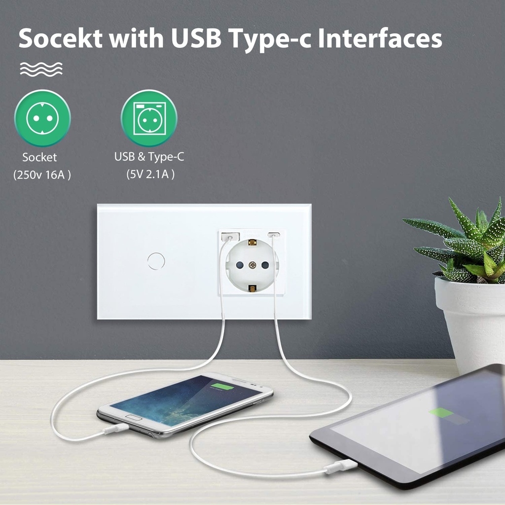 BSEED érintős villanykapcsoló EU konnektorral és USB-C töltővel, 157 mm 1