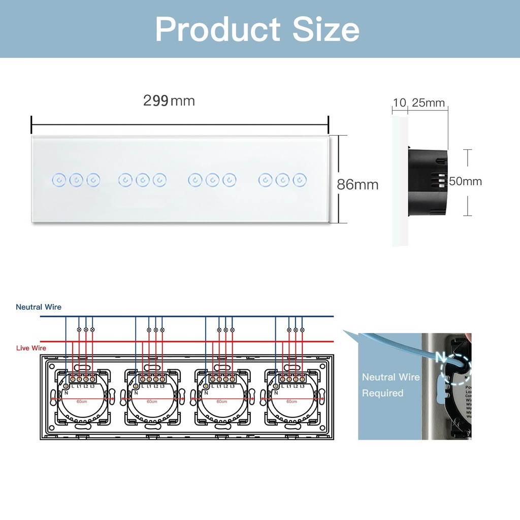 BSEED M sorozatú Wifi-s négyes érintős villanykapcsoló, 299 mm-es üveg panel 10