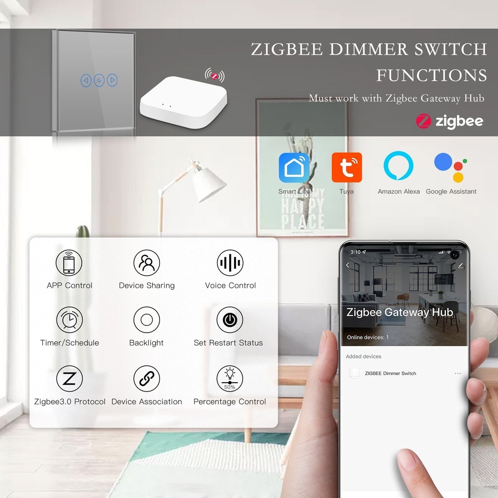 BSEED Zigbee érintős okos fényerő-szabályzó, kétutas (váltó), üveg előlap 3