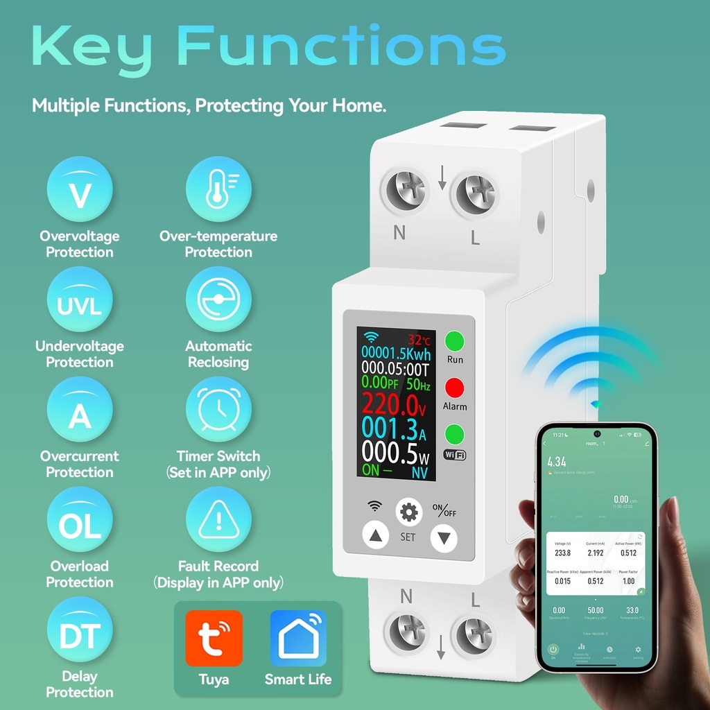 BSEED 63A Wifi-s okos DIN-sínes kapcsolómodul, 1P 1