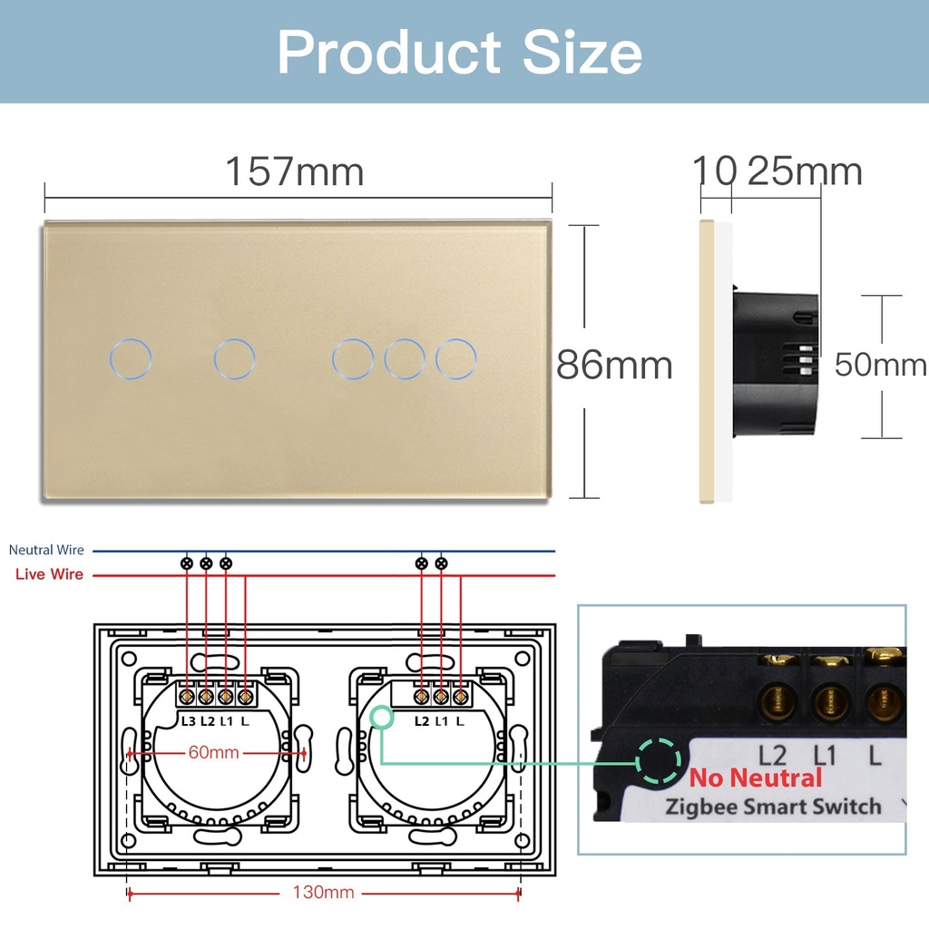 BSEED Zigbee dupla okos villanykapcsoló (nullvezeték nélkül), 157 mm 7
