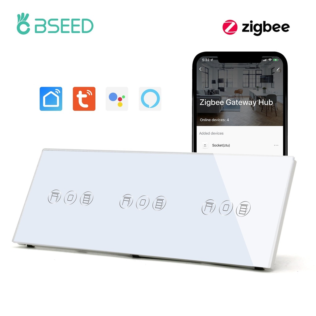 BSEED Zigbee tripla érintős redőnykapcsoló, 228 mm-es üveg előlap