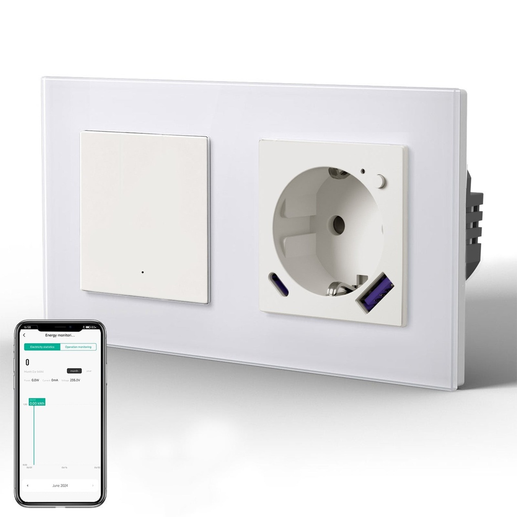 BSEED Echo Wifi-s okos kapcsoló Wifi-s EU konnektorral, fogyasztásméréssel, 20W USB-C, 157 mm