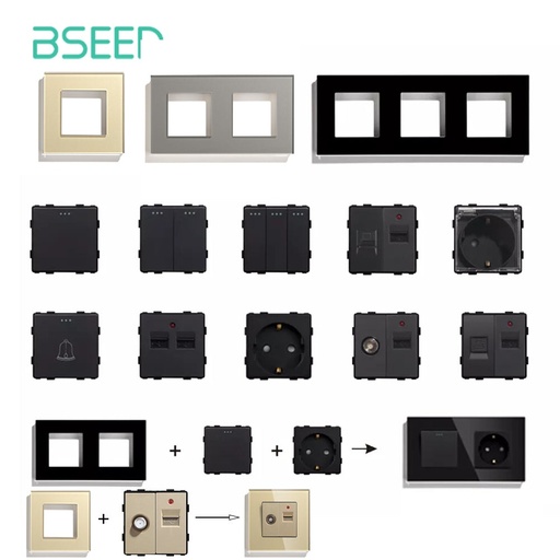 BSEED funkciómodulok (betétek): konnektor, USB-C, TV/SAT, adat- és kapcsolómodul