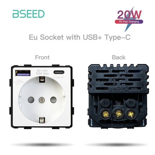 BSEED EU konnektor USB-C töltővel (2,1A vagy 20W), üveg előlap