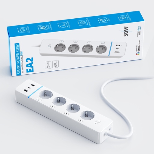 BSEED Wifi-s okos elosztó 4 külön vezérelhető aljzattal, fogyasztásméréssel, 30W USB/Type-C