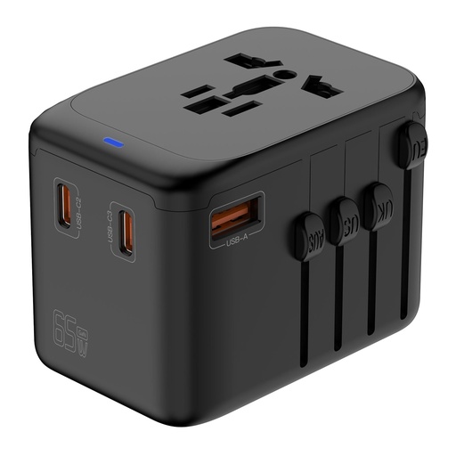 [W-OL-215-PQ65] Univerzális utazó adapter 65W USB-C PD és QC 3.0 töltővel, 3 USB porttal